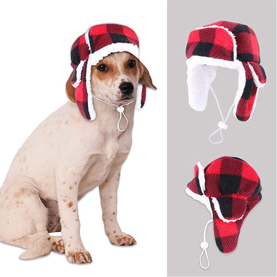 Christmas Dog Hat with Earmuffs Winter Adjustable Pet Red Plaid Pet Cap